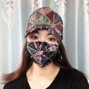 Black Plaid sequins net cap + Black Mask / Adjustable