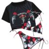 oly-200ffce815f18a6138ed0ac6e80caf01 Wholesale Explosions Sexy Ladies Swimsuit Three-piece Set Rose Skull Fixed Edition Printing Neck Drawstring