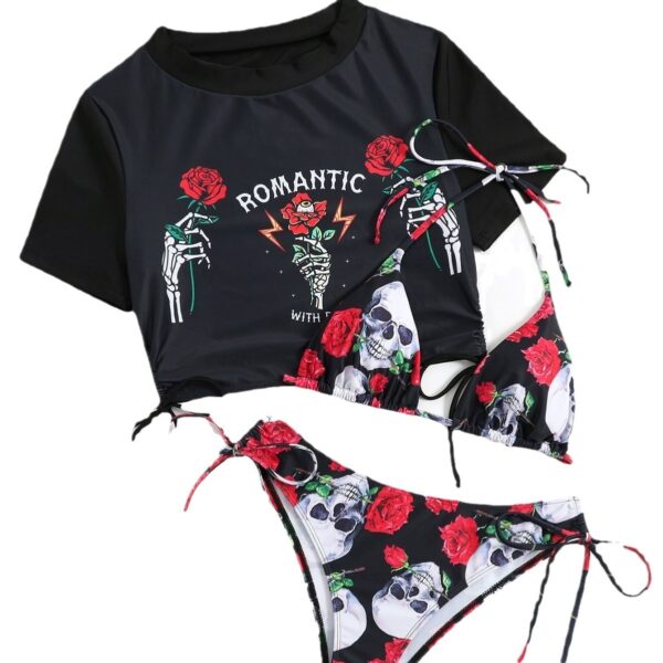 oly-200ffce815f18a6138ed0ac6e80caf01 Wholesale Explosions Sexy Ladies Swimsuit Three-piece Set Rose Skull Fixed Edition Printing Neck Drawstring