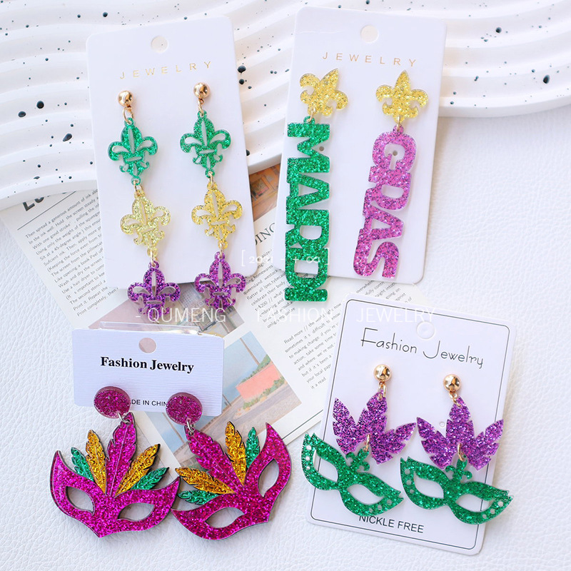 Wholesale Carnival acrylic gold green purple mask earrings Europe and the United States cross-border MARDI GRAS party earrings holiday earrings