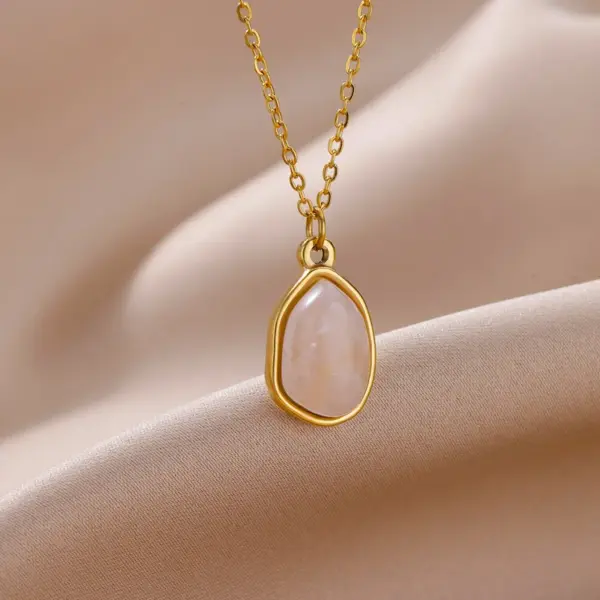 oly-2062fa58981973636db61bb0e3b691aa Wholesale 2pcs/set White Nude Natural Stone Jewelry Set 18K Gold Plated Stainless Steel Necklace Ring Minimalist Water Drop Shape Two-Piece Jewelry Accessories Daily Wear Choice
