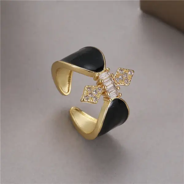 Wholesale Women’s Bow Tie Open Rings Featuring Enamel Craft And Zircon Inlay, Electroplated Copper Material
