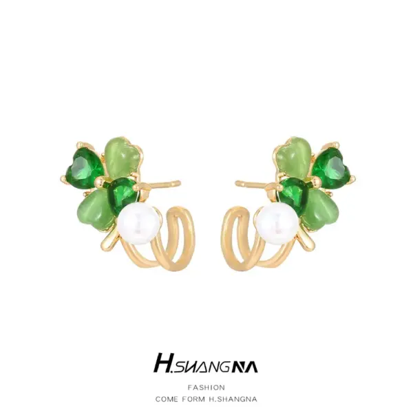 Wholesale Heart Shape Stud Earrings For Women With Copper And Cat's Eye Stone Inlay, Featuring 925 Sterling Silver Posts In Green