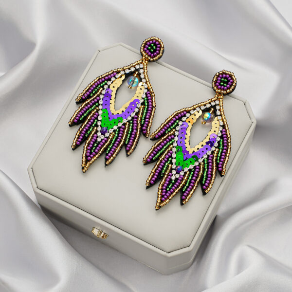 oly-20e4b951d0d74b5d98577e106367a880 Wholesale Ethnic Style Carnival Festival Earrings Autumn and Winter High-end Fashion Handmade Rice Beads Feather Exaggerated Earrings for Women
