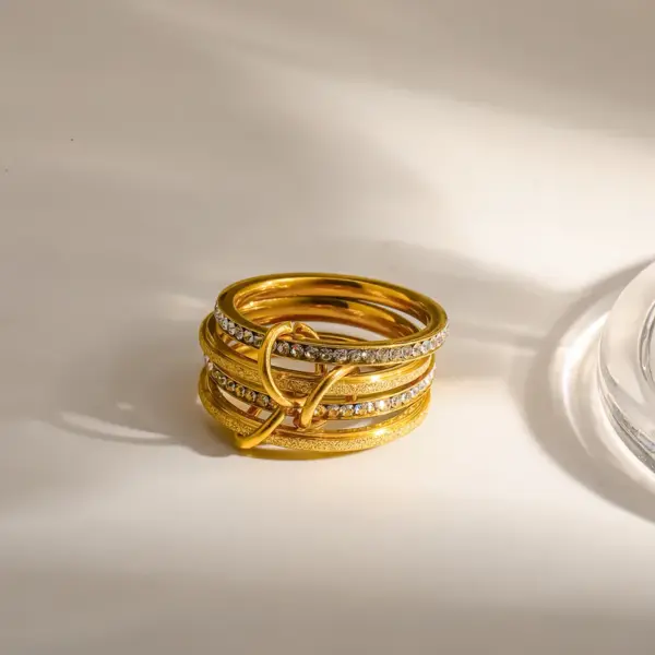 Wholesale Geometric Electroplated Rings For Women In 304 Stainless Steel With 18K Real Gold Water Plating And Zircon Inlay