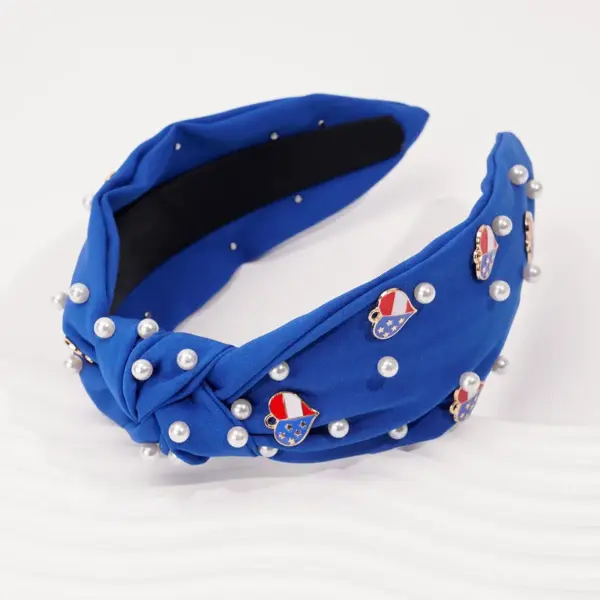 Wholesale Pearl Headband With Flag Knot Beaded Hair Accessory Simple Wide Edge Fabric Art Independence Day Theme