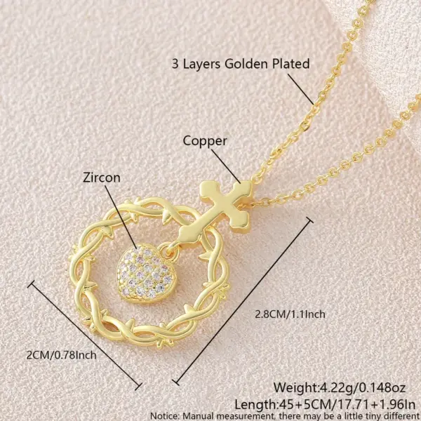 Wholesale For Women Cross Pendant Necklace In Copper With 18K Real Gold Plated Coating 0.05µm-0.08µm Featuring Zircon On Cable Chain
