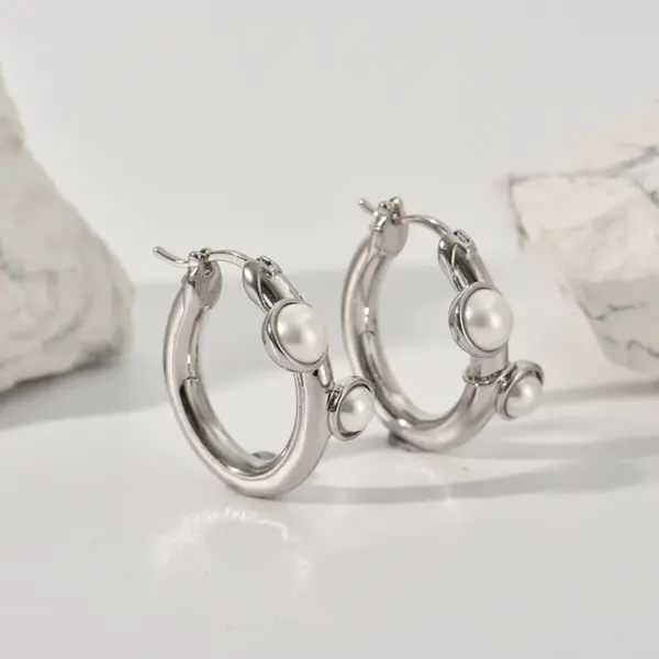 Wholesale Three-dimensional Geometric Earrings For Women, Electroplated Copper With Golden Plated Finish And Artificial Pearl Inlay
