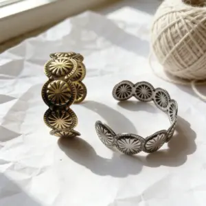 Wholesale Retro Circle Bangle For Women In KC Golden Plated Alloy Featuring Electroplated Gold Finish