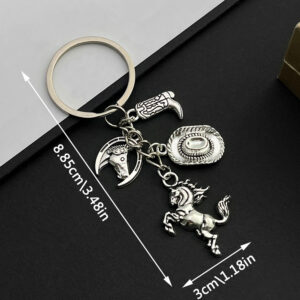 ER555-Ancient Silver Western Horse Cowboy Hat Boots Keychain -11.2g