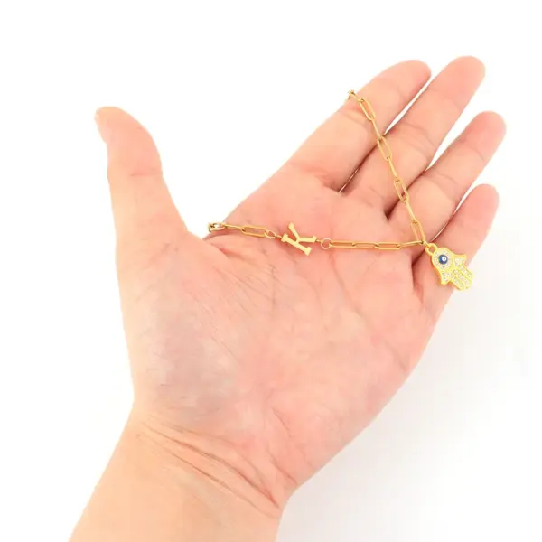 Wholesale Simple Fashion Classic Micro Pave Zircon Fatima Hand Initial Pendant Gold Stainless Steel Paperclip Chain Women's Necklace