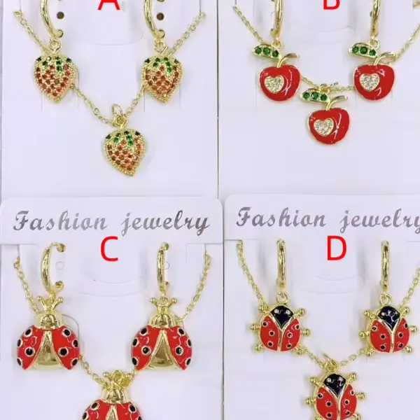 Wholesale Jewelry Casual Sweet Simple Style Ladybugs Apple Strawberry Copper Zircon 18K Gold Plated Polishing Enamel Inlay Cable Chain Jewelry Set