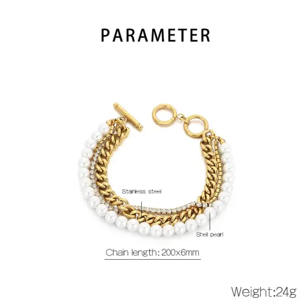 Wholesale 18K Gold Plated Fashion 304 Stainless Steel Layered Zircon Chain Shell Bead Bracelet For Women Unisex Style OT Clasp Jewelry