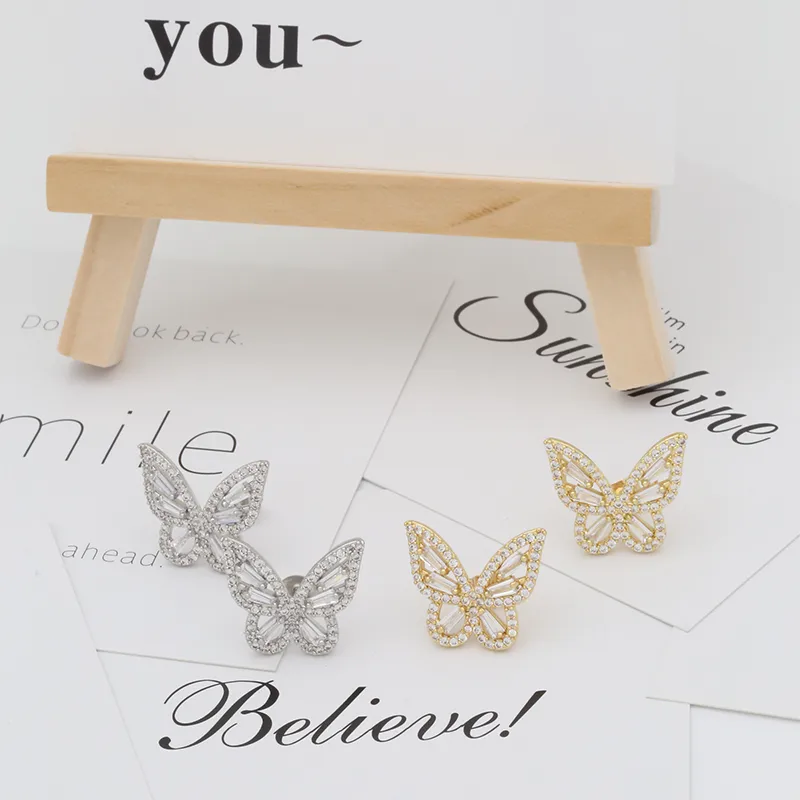 Wholesale 1 Pair Simple Style Butterfly Plating Inlay Copper Zircon 18K Gold Plated White Gold Plated Ear Studs