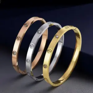 Wholesale Waves Inlay Bangle For Women In Steel Color Titanium Steel With Rhinestones