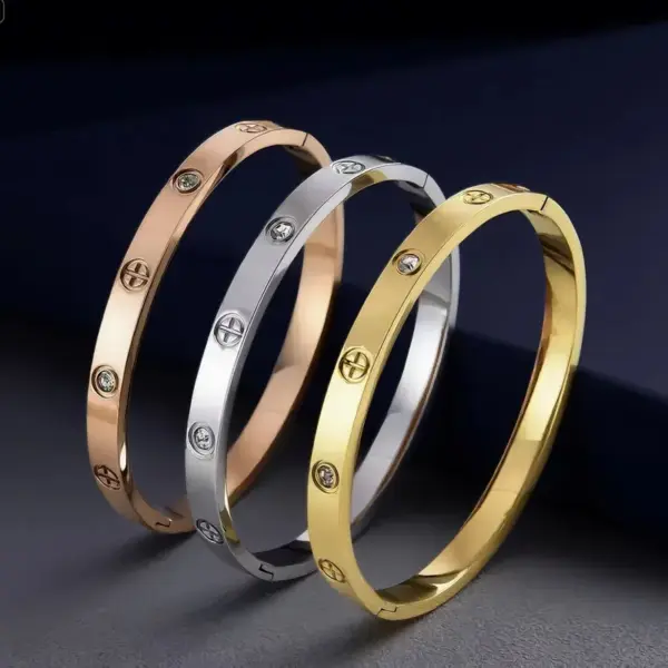 Wholesale Waves Inlay Bangle For Women In Steel Color Titanium Steel With Rhinestones