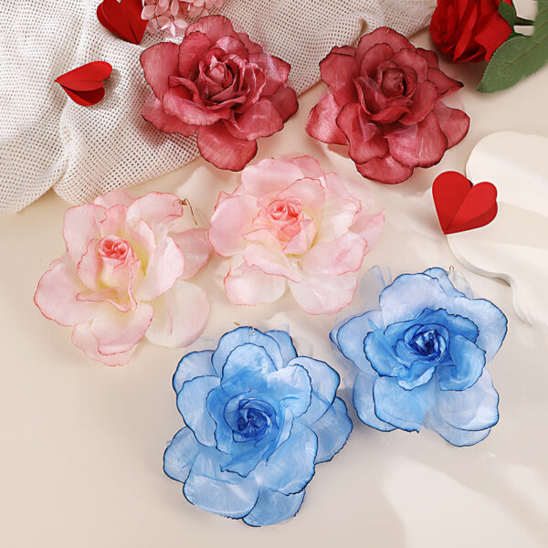 WholesaleImitation Rose Silk Flower Gradient Three-dimensional Mesh Flower Pendant Women's Earrings Valentine's Day Jewelry