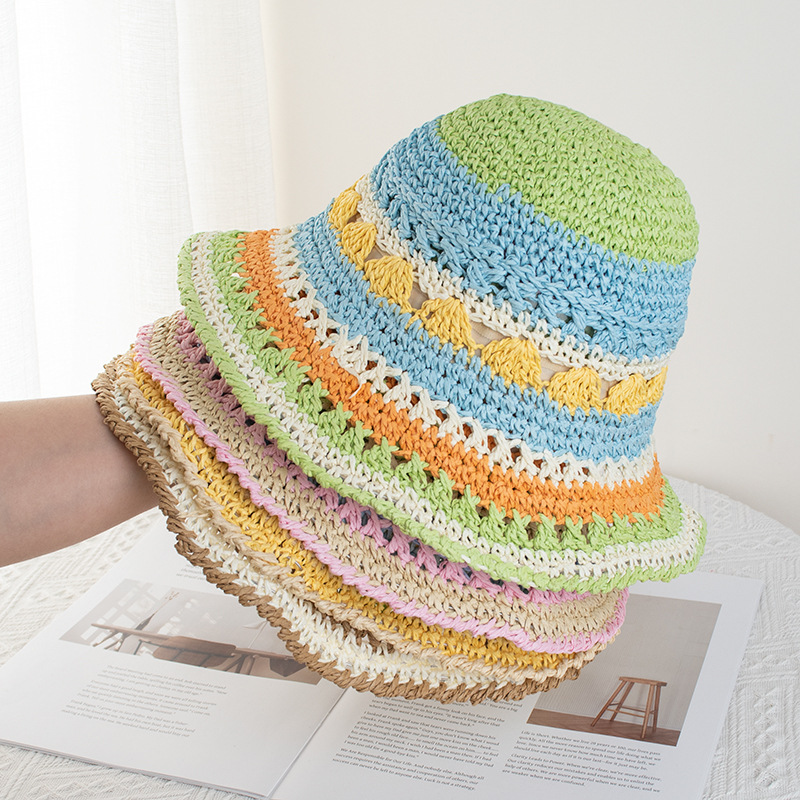 Wholesale Fisherman's Hat Women's Hyun-hyun Rainbow Straw Hat Summer Travel Sunshade Sunscreen Hat Seaside Beach Holiday Sun Hat Tide
