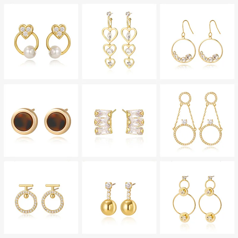 Wholesale Kengez Silver Needle Earrings Plated With Genuine Gold Copper Embedded Zircon Geometric Shape Versatile Luxury Fashion Jewelry