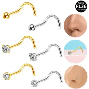 Wholesale 1 Piece Nose Rings & Studs Simple Style Classic Round Square Pure Titanium Alloy Zircon Vacuum Plating 14K Gold Plated White