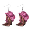 Wholesale Western Style Pink Denim Hat Cowboy Boots Pendant Earrings Women's Wooden Double-sided Earrings
