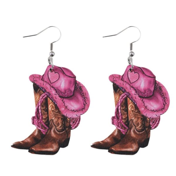 Wholesale Western Style Pink Denim Hat Cowboy Boots Pendant Earrings Women's Wooden Double-sided Earrings