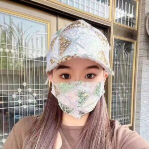 White Plaid sequins net cap + white mask / Adjustable