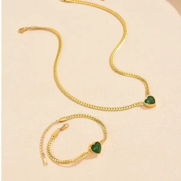 Wholesale 304 Stainless Steel Glass Heart Shape Ion Plating (IP) 18K Gold Plated Sexy Romantic Waterproof Non Tarnish Cuban Link Chain Curb Chain Gold Bracelets Necklace Jewelry Set