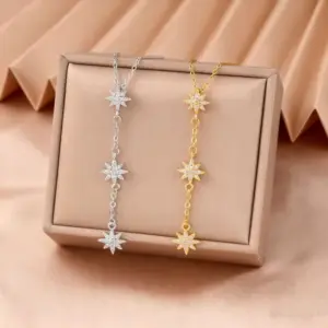 Wholesale Starburst Inlay Pendant Necklace For Women In Copper With 18K Real Gold Plated Water Plating And Artificial Rhinestones On Cable Chain
