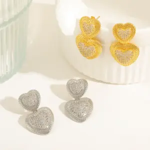 Wholesale 1 Pair Elegant Simple Style Heart Shape Inlay Copper Zircon 16K Gold Plated Drop Earrings