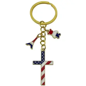 Gold Blue American Independence Day Cross Bear Tower Keychain -5.7g-ER1673
