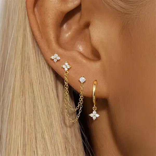 Wholesale Vacuum Electroplating (In Furnace) Plated With 18K Real Gold Micro Inlaid Design Flower Stackable Earrings Stainless Steel