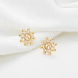 Wholesale 14K Real Gold Plated Copper Stud Earrings With Flowers Pattern And Zircon Inlay, Featuring 925 Sterling Silver Ear Pins