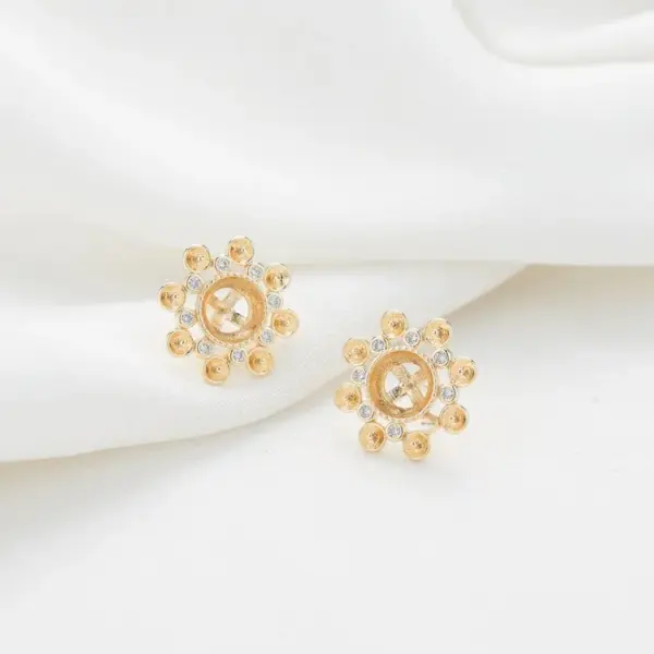 Wholesale 14K Real Gold Plated Copper Stud Earrings With Flowers Pattern And Zircon Inlay, Featuring 925 Sterling Silver Ear Pins