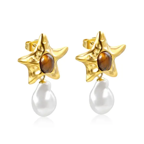 Wholesale Vacuum Electroplating (In Furnace) Plated Imitation Gold Imitation Pearl Starfish Earrings Ladies 304 Stainless Steel Oval Cat's Eye Earrings Fashion Irregular Geometric Shape