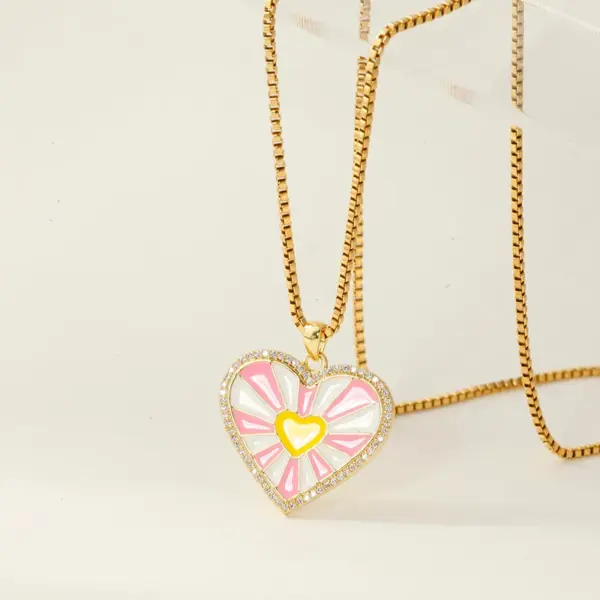 Wholesale Heart Shape Enamel Pendant Necklace For Women In 304 Stainless Steel With 14K Gold Plated PVD And Zircon, Box Chain