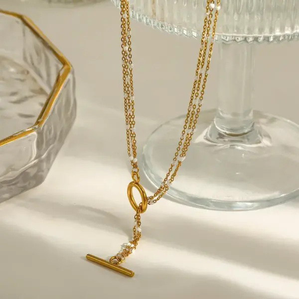 Wholesale 18K Gold Plated 304 Stainless Steel Vacuum Electroplating (In Furnace) Imitation Pearl Geometric Oil Drop Cable Chain/Cross Chain/O Chain Necklace For Women Independence Day
