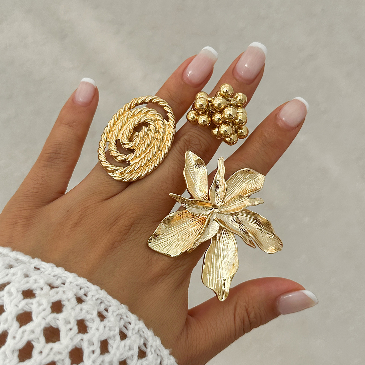 Wholesale European and American Cross-Border Personalized Five-Petal Flower Stereo Flower Open Ring Exaggerated Ins Metal Style Winding Ring