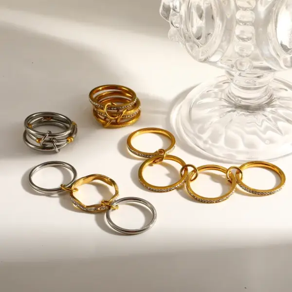 Wholesale Geometric Electroplated Rings For Women In 304 Stainless Steel With 18K Real Gold Water Plating And Zircon Inlay