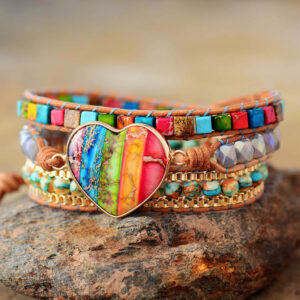Wholesale Amazon hot-selling heart-shaped 5-color natural Emperor stone leather wrapped bracelet woven multi-layer bracelet hot-selling manufacturer
