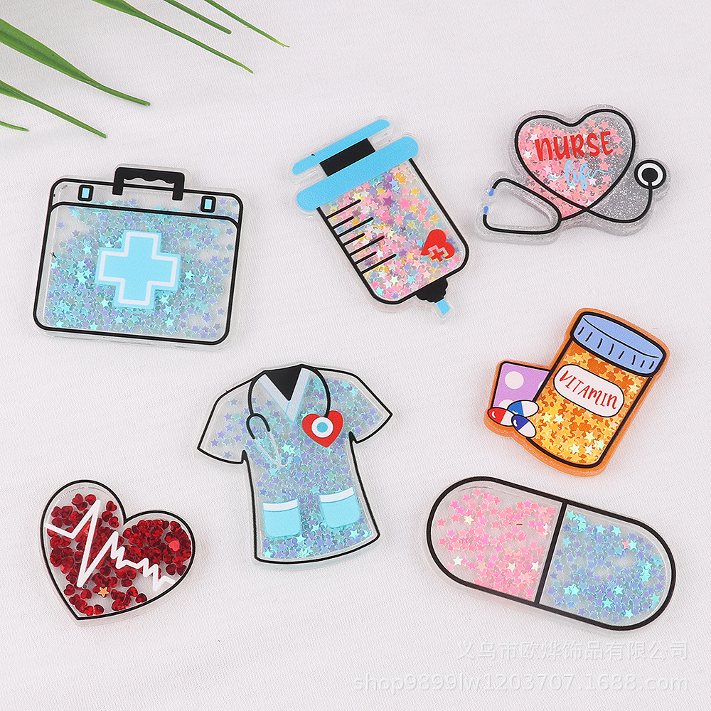 Wholesale New quicksand cartoon nurse clothes medical personalized bag jewelry acrylic pin cute DIY patch