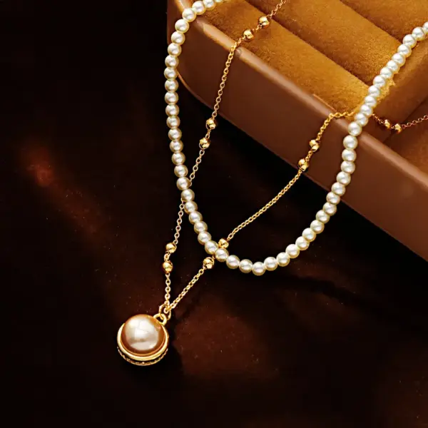 Wholesale Double Layer Pearl Necklace Titanium Steel Geometric Women's Collarbone Chain Rose Gold Plated