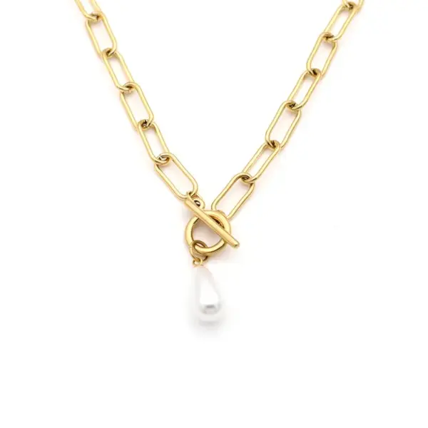 Wholesale 18K Gold OT Clasp Geometric Pearl Titanium Steel Women's Necklace With Round Plated Nylon Chain