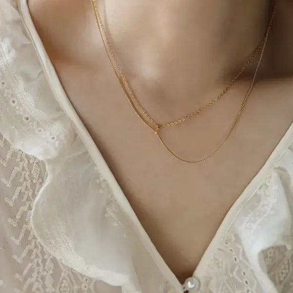 Wholesale Adjustable Double Layer Titanium Steel Necklace Vacuum Gold Plated Line Clavicle Chain Buckle Ring
