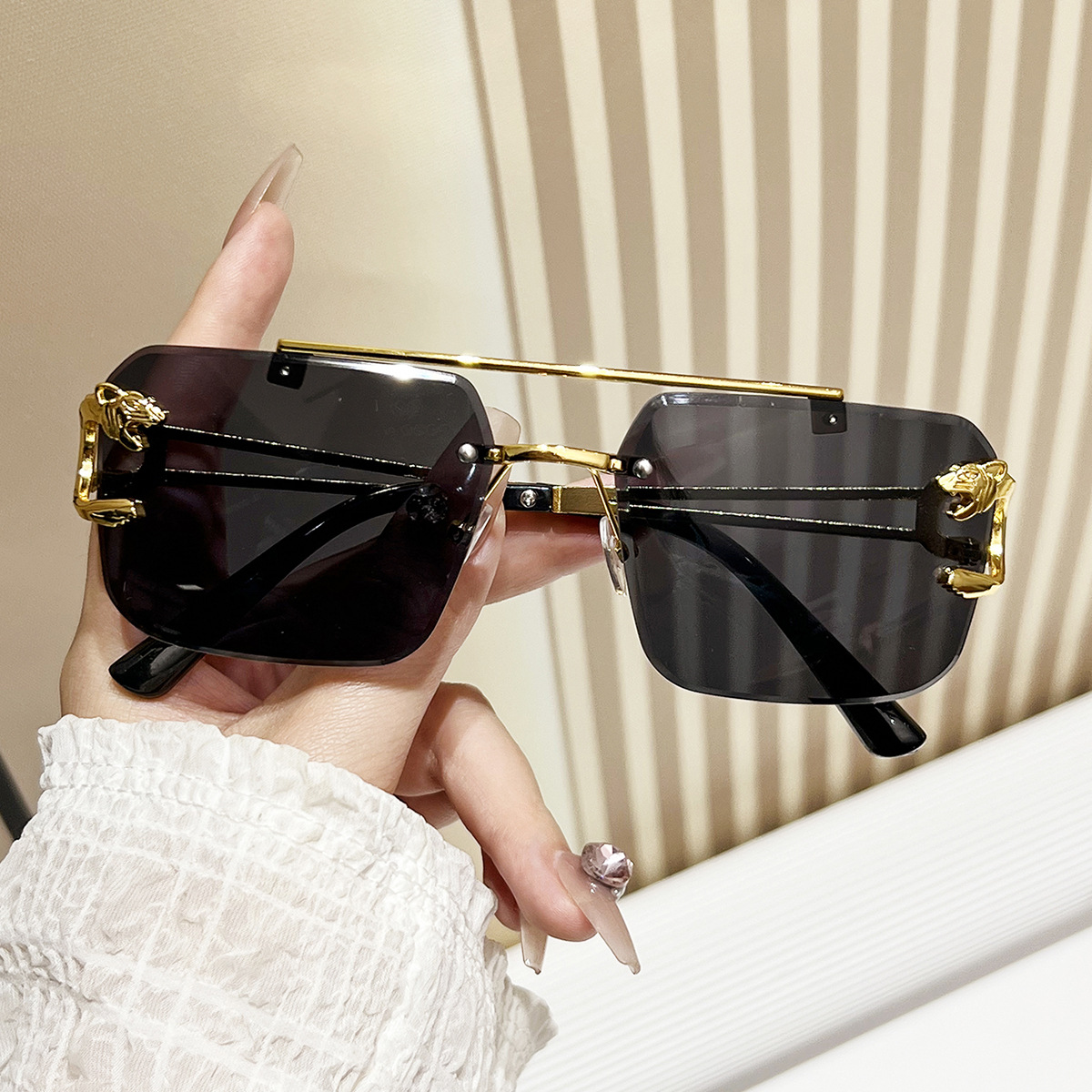 Wholesale Cross-border European and American trendy frameless sunglasses Leopard head fashion trimming sunglasses men's temperament women's online cel