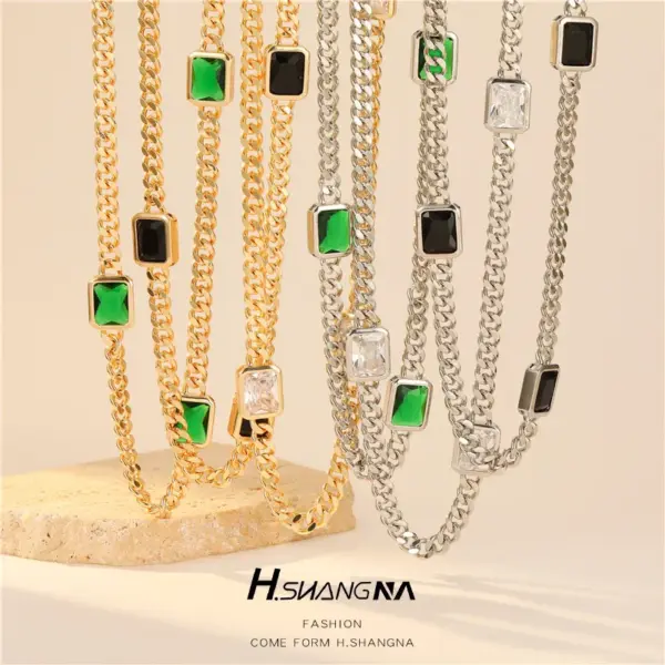 Wholesale Geometric Cuban Chain Link Necklace For Women In Copper With 14K Real Gold Electroplated Finish And Zircon Inlay