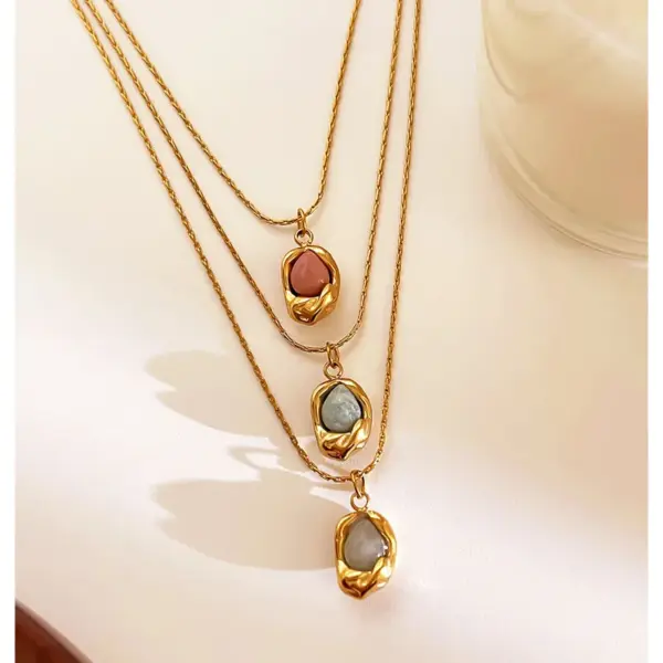 Wholesale 304 Stainless Steel Square Plate PVD Coated Natural Stone Real Gold Plated Simple Style Commute Waterproof Non Tarnish Surgical Steel Bamboo Necklace Lobster Trigger Clasp Closure Gold Pendant Necklace