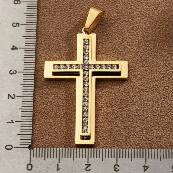 Wholesale DIY Jewelry High-Quality Polished 304 Stainless Steel Rhinestone Vacuum Electroplating (In Furnace) 18K Real Gold Plated Cross Flag Square Pendant