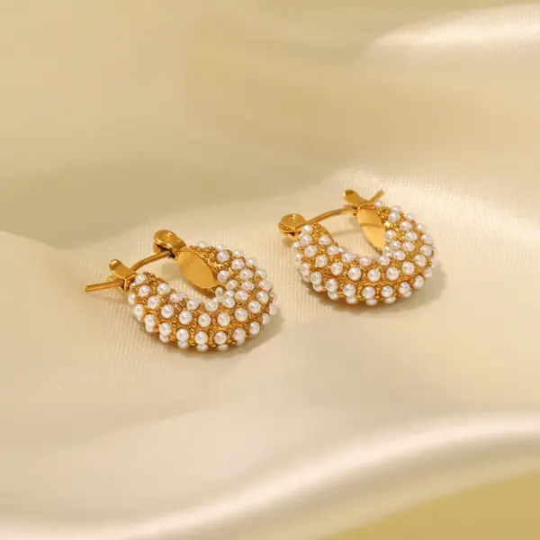 Wholesale 304 Stainless Steel Geometric PVD Coated Artificial Pearls 18K Gold Plated Real Gold Plated Fashion Waterproof Non Tarnish Inlay Gold Earrings