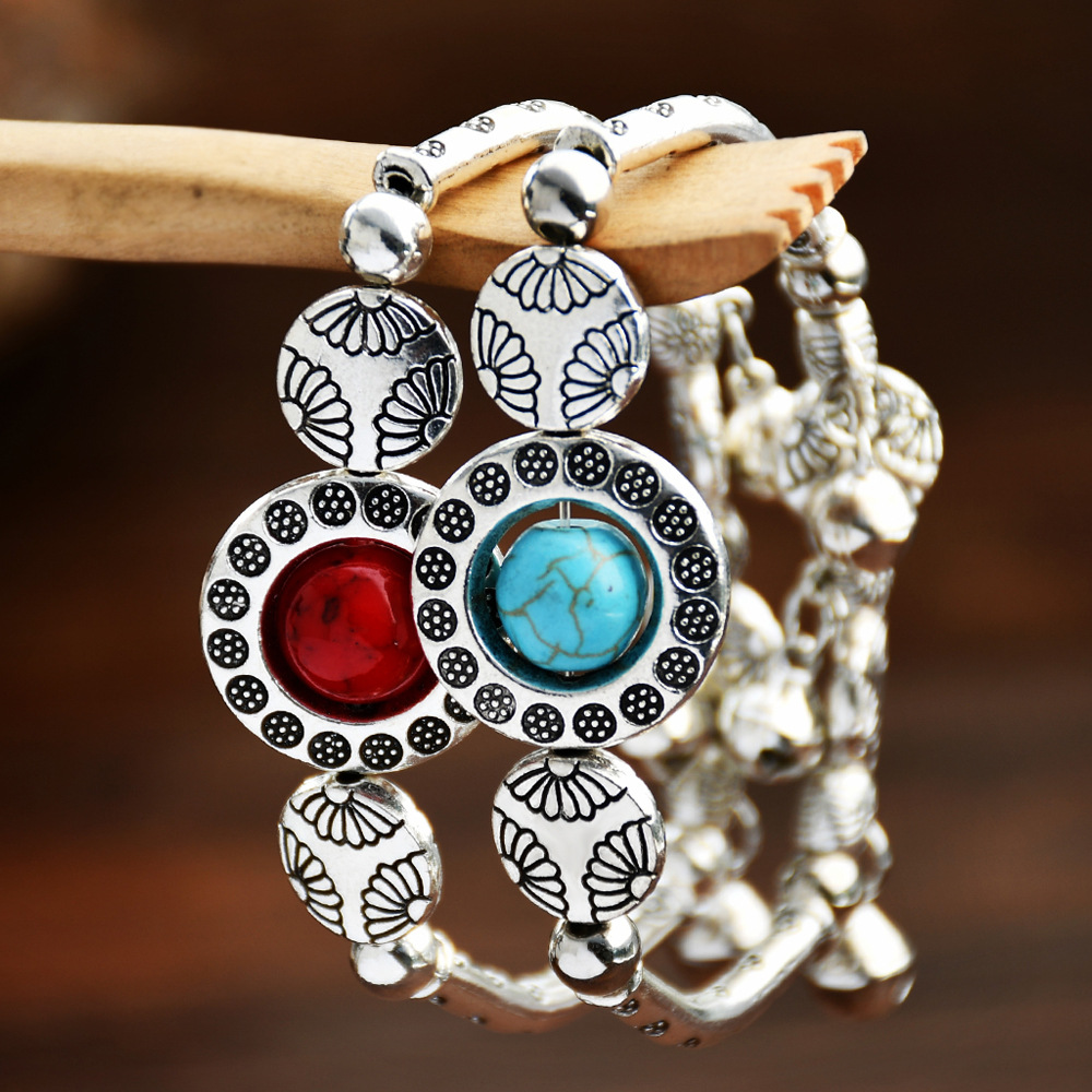 Wholesale Nepalese Ethnic Xizang Silver Bell Bracelet European and American Cross-border Niche Empress Dowager vintage Turquoise Bracelet